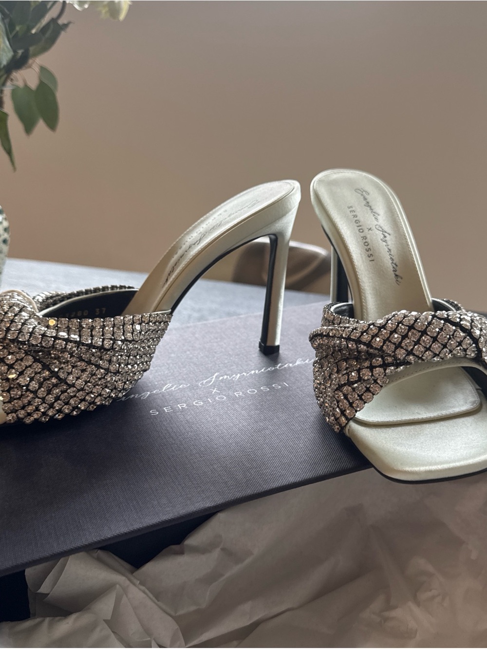 Sergio Rossi X Evangelie Smyrniotaki Crystal-Embellished Silver Satin Mule Heels